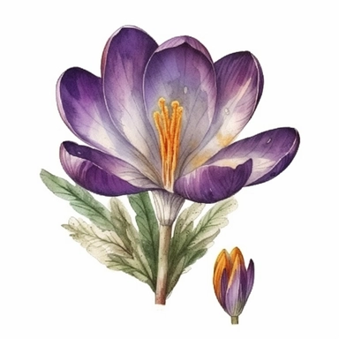 crocus flower in full lenght with leaves in watercolor clipart style, white backgorund