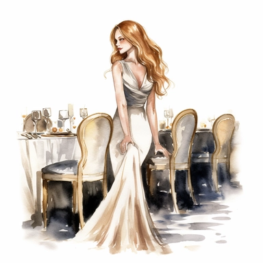 A tall girl with very long wavy hair walking like a model. She is dressed for hollywood gala night. She is sitting at the table in expensive restaurant. Paint is in detailed watercolour on white background, clipart