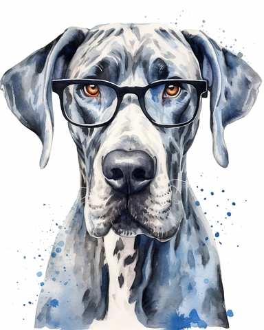 detailed watercolor Great dane with eyeglasses , realistic, isolated on a white background, clipart