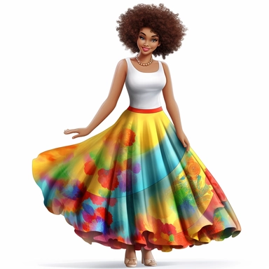 Hyperrealistic beautiful full figure african american lady with afro hair, dress or skirt summer attire, cute and colorful, clipart, hd, white background