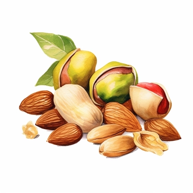 picturesque, simple, bright, the best simple mixed nuts, almond, cashew nut, pistachio, peanut, macadamia nut, in the world, clipart on white background, watercolor, painted by Beatrix Potter, 8k,