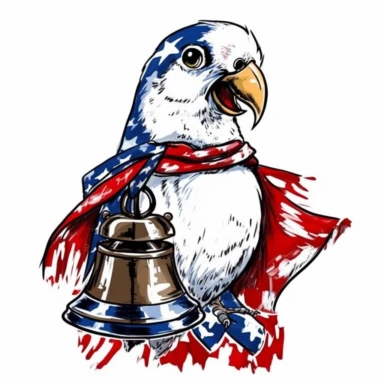Patriotic Parakeet, perched on a small Liberty Bell, isolated on a white background, abstract expressionist style, clipart,