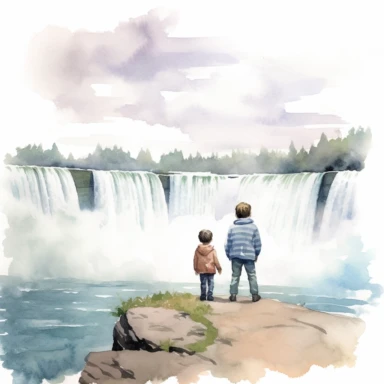 Niagara Falls childhood memory, water color style, clipart, white background