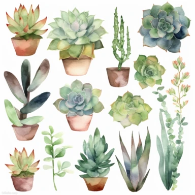 10 relaxed simple Watercolor Succulents Clipart Home watercolour plant Succulents digital clipart desert plant greenery png planner clipart Summer home decor, completely surrounded by white backround, zero overlap, no touching objects, all objects in the same foreground, no words