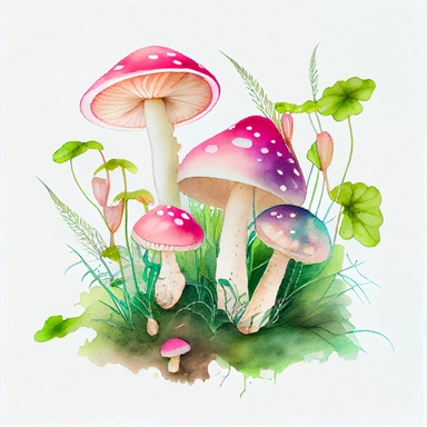 Watercolour Magic Mystical not poisonous friendly group of Mushrooms with thick stem, no ring, no dots or circles on the cap, clipart pink. Growing from the ground. Some lush green plants and grass leaves around, also growing from the ground. No things hanging in the air. white background