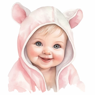 Craft an endearing watercolor clipart featuring a soft pastel pink, baby girl's hooded towel. This snug and comfy towel should bear a cheerful, smiley face design. Set this against a clean white background and make sure to delicately illustrate the towel's soft texture and any intricate embroidery.