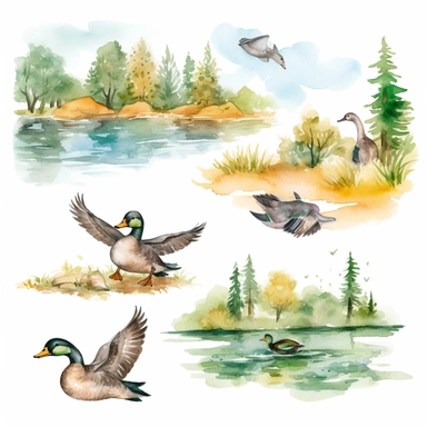 watercolor hunting scene in forest or fields with lake in vicinity where duck flocks take off in numbers , illustrations clipart set, simple, , cartoon elements ,different variants , natural elements, separate elements with a margin, ,4k, high resolution, , natural colors, vibrant green tones, birds and ducks