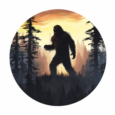 bigfoot in dark woods, painting circular clipart sticker, no mock-up, white background