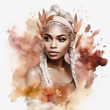 boho fantasy female elf african American clipart with pointy ears, beautiful, gold, white and, ash hair with beautiful glittery clothing in deep burgundy, white, rose gold , and splashy watercolour background