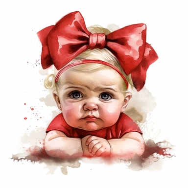 watercolour style cute newborn chubby size baby girl curled up frowning her eyebrows dribbling from mouth a red bow on head fine details Christmas dress wide background png plain background clipart