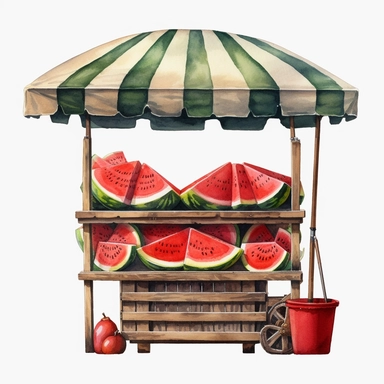 Watercolour realistic vibrant watermelon stall beautifully detailed realistic watermelon stall, PNG image,transparent background ,ultra highly detailed, 18k, sharp focus, bright photo with vibrant colours, digitally enhanced,photographic, enhanced graphics, png format, straight, sharp focus, bright lighting, intricate detailed png image ,high definition,300dpi,graphic clipart,computer graphics
