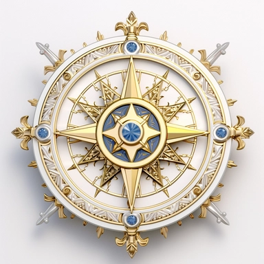 Design an extraordinary clipart of a fairy tale-inspired compass against a pristine white background. The compass should have a golden, filigree design, with a delicate crystal replacing the needle. Depict ancient symbols of guidance and destiny on the compass markings.