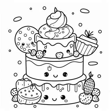 kawaii icon two layers cake with fruits, candies, candles, sprinkles clipart coloring page black line white background