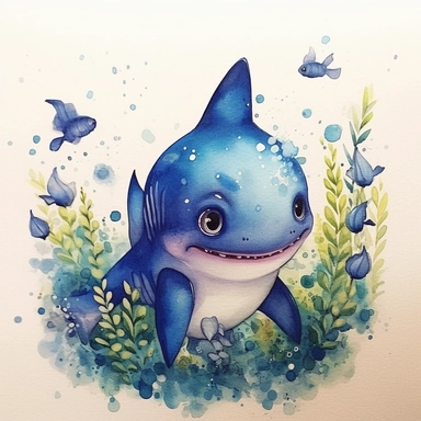 cutest little nursery shark with big eyes, full body, pen and ink with watercolor, seaweed, jelly fish, little fish, pearlescent horn, sparkles, glittery, clipart sheet, nurseycore