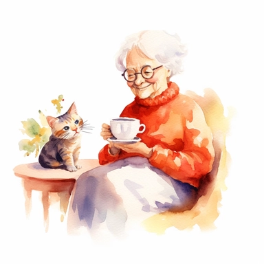 a watercolor clipart image with a white background, featuring a cute sweet extremely happy cartoon grandma enjoying a cup of tea in a sunlit window, with a cat curled up by her side.