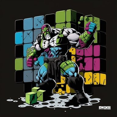 clipart, DC comics Bane with mask on and tubes showing in comic book illustration style, rubix cube, black background