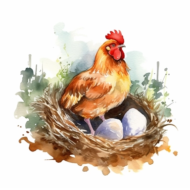 realistic watercolor hen sleeping with some eggs on the nest inside the chicken coop on solid white background, clipart