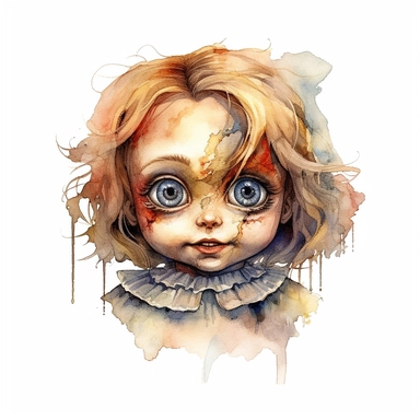 a headshot showing the scary face of a possessed doll, watercolor, ultra high-detail, dark outlines, clipart