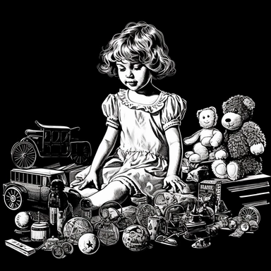 sketch clipart of 20s poster girl playing with toys, hd, white on black background, spaced out,--ar 3:2