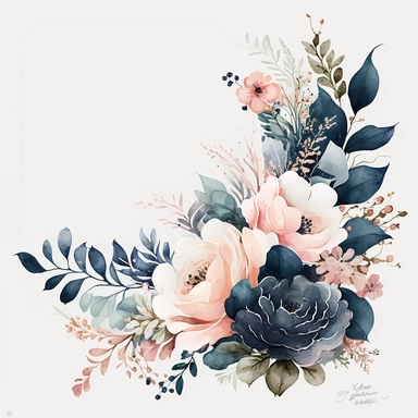watercolor floral corner arrangement clipart, in the style of dreamlike illustration, hazy romanticism, album, vintage card design, on the side, navy blue and blush colors, white background, unclipped