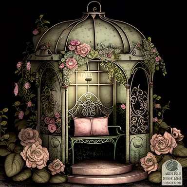 fantasy rose evening garden with antique wrought iron bench and gazebo, soft pink and green and khaki colors, romantic, clipart style, shabby chic, ethereal
