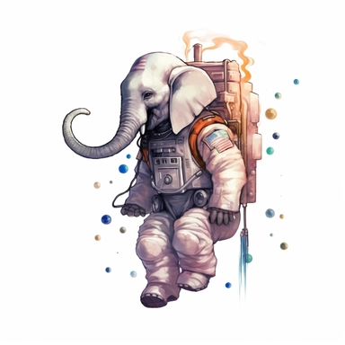 300 dpi anime white background clipart An elephant in a spacesuit, floating in space, tethered to a space station or spaceship.