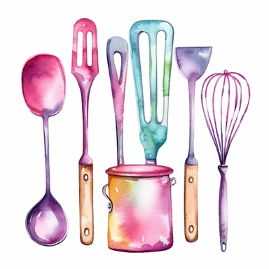 Watercolor kitchen utensils clipart for bakery decoration white background