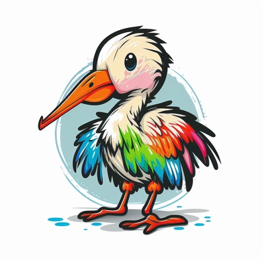 A clipart for kids with a cute baby stork animal motif in frontal view on white background. The animal motif is depicted in bold colors