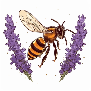 A honey bee flying gracefully towards a cluster of lavender flowers, its striped abdomen visible, in search of sweet nectar. (Digital drawing cartoon clipart, image black border color, full body, flat texture cartoon style, transparent background)