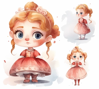 cute adorable little Danish princess character watercolor clipart, full body, disney, pixar