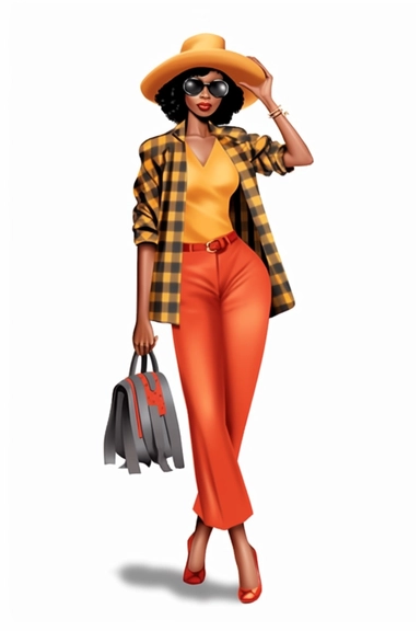 beautiful african american women, clipart, fashion, full body, pixie cut hair, hat, purse, heels, pants, jacket, shirt, handbag, boss