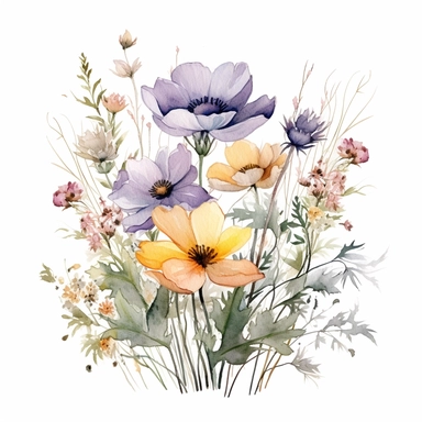 watercolor botanical flower arrangement with spring wild flowers, in the style of Francis Marte, watercolor art with delicate ink outline, soft atmospheric scenes, soft and dreamy atmosphere, poetic and atmospheric style, decorative paintings,white background, clipart