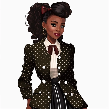 beautiful smiling african american woman from a video game walking wearing polka dot suit with large pleated bow on jacket, clipart