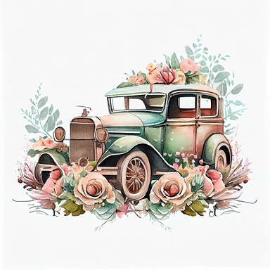 Vintage Antique car with flowers watercolor clipart, pastel color, vibrant, watercolor, 8k, white blank background