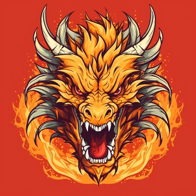 Create a clipart of a fiery dragon that is colossal in size and has flames emanating from its head like a crown. The dragon should be depicted in a cartoon style with bold outlines and bright colors. The background should be plain and highly-contrasted to accentuate the dragon's size and power. Make sure that the dragon's fiery crown is the centerpiece of the image and that its menacing expression is clearly visible. The final artwork should be suitable for use as a clipart.
