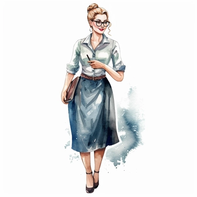 watercolour clipart of a beautiful woman class teacher, full length, high quality, very high details , white background