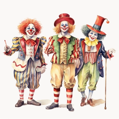 3 hand drawn vintage circus clowns acting silly , glamorous, soft, detailed and realistic, watercolor, clipart style, white background with margins