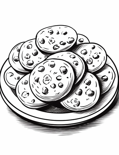 white realistic cute clipart plate of chocolate chip cookies cartoon in the style of Pierre-Auguste Renior black and white coloring book, black and white smooth thick lines, solid white background, no background