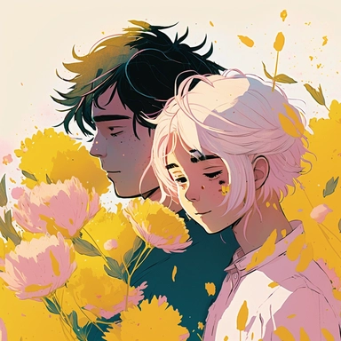 Dreamlike hyper realistic illustration of a couple in love embracing. The man has black hair. The girl is has white hair. In a field of pink and yellow flowers. Flat colors, simple lines, gorgeous lighting, graphic novel style, 2d painting, ink painting style, digital art, childrens character design, happy mood, pixar style cartoon, line work, minimalist, watercolor, 8k, PNG, clipart on white background, sticker style, studio ghibli vibe, studio ghibli style