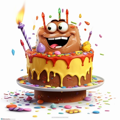 clipart of a messy two layer birthday cake, there is a funny face in the cake, candles, cartoon, for kids, funny, pixar, 8k, white background, sharp focus, detailed,