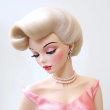 Beautiful pretty barbie doll 50's style, paint art style, detail, clipart, white background, superrealistic, one of a kind