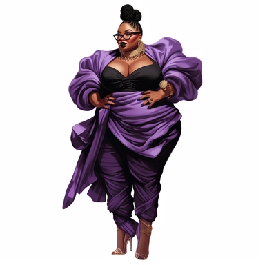 socialite black woman bods, plus size, long massive braids, full glam, fashion icon, talented and good vibes, dressy pant and couture frilly outfit, clipart, Juneteenth colors, white background