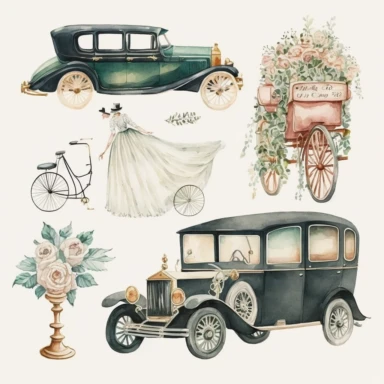 watercolour clipart of wedding transportation, such as limousines, horse-drawn carriages, and vintage cars.