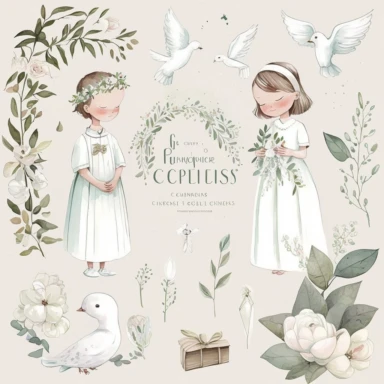 First communion illustrations clipart set, watercolor, white background, simple, soft colors , cartoon elements girl, boy ,holy cross, white doves, tulips, peonies, eucalyptus branches, wooden rosary beads, white flowers