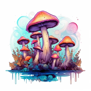 Watercolour Magical Mystical Mushrooms clipart, vector, contour, vibrant, detailed, beautiful,32k , outlined trippy graphic design, Acrylic paint, white flat background, flat