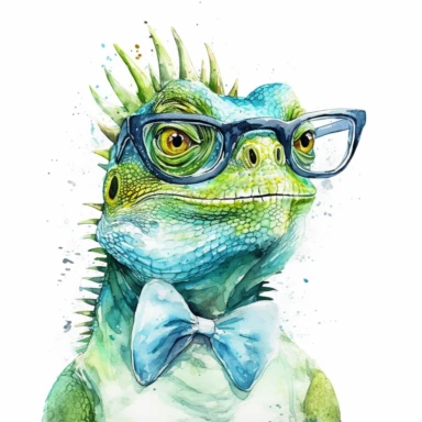 Green iguana wearing glasses, watercolor, sharp illustration clipart, insane detail, white background