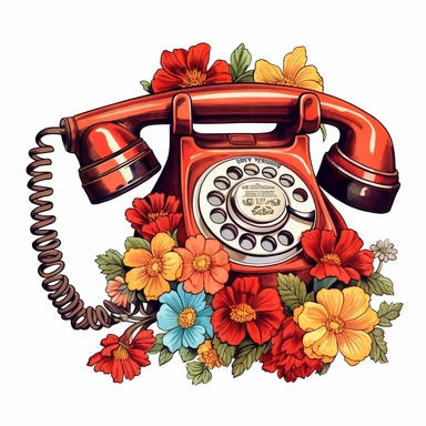 petals retro telephone Clipart, watercolor cartoon, hyper realistic, intricate detail, illustration style, high resolution, on the white background