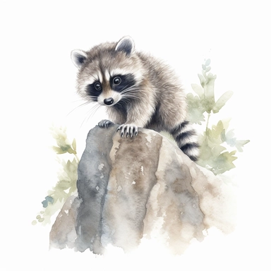 Watercolor clipart Baby raccoon, climbing on rock, white background