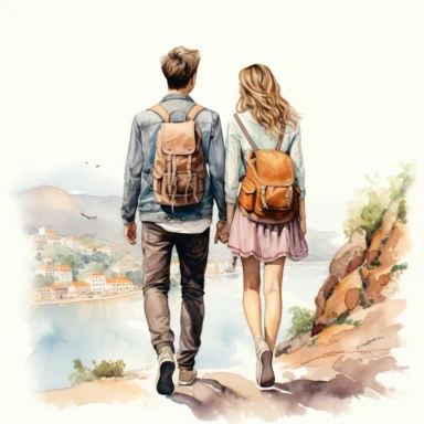 Travel Watercolor Clipart, a man and a woman, best friends, back side ,pastel color, single object ,isolated on white background, highly detailed, hand painted watercolor illustration by Cath Kidston, Emma Bridgewater, png transparent background, white background for removing background - - no text shadow font watermark