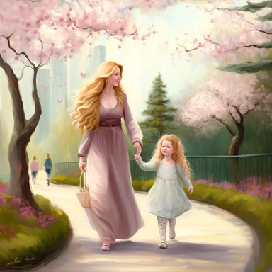 beautiful young pregnant mother with long beautiful blonde hair and toddler daughter with beautiful ong auburn hair holding hands walking in park, flowering trees, path lined with benches, highly detailed, realistic, fantasy, ethereal, soft colors, sharp focus, clipart style , Tranquil Finesse. Refinement and allure in every glance, Hair that cascades like a waterfall, Turquoise and pink tints in symphony, Purple blossoms and fresh vibe enthral.